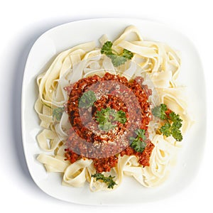 Spaghetti bolognese on white plate