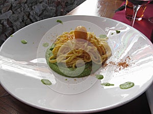 Spaghetti with bottarga on asparagus sauce . Italian recipe