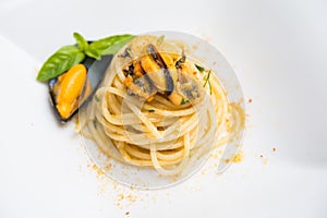 Spaghetti with bottarga and mussels