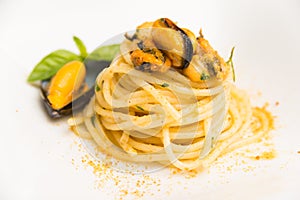 Spaghetti with bottarga and mussels