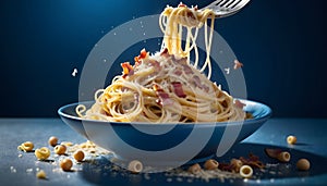 Spaghetti carbonara along with bacon bits