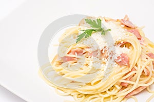 Spaghetti Carbonara With Baked Ham And Parmesan