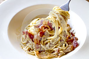 Spaghetti carbonara ham on the fork. food