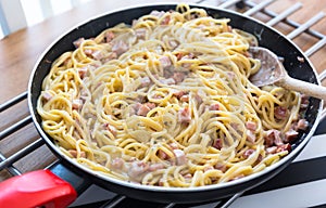 Spaghetti carbonara on a pan