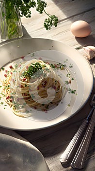 Spaghetti carbonara with parsley on plate, natural light and bottom right clear for info