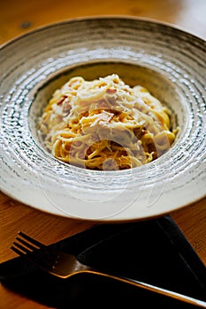 Spaghetti carbonara pasta in a plate