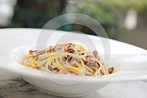 Spaghetti carbonara , Spaghetti white sauce with cheese bacon , italian food
