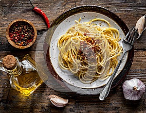 Spaghetti with chili pepper, garlic and herbs on a white plate. AI-generated image