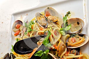 Spaghetti with clams, mussels and tomato sauce