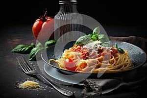 Spaghetti classic Italian pasta with tomatoes and cheese.