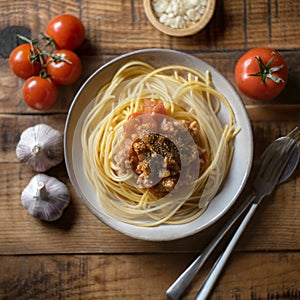 Spaghetti Delight: Indulge in the culinary delight of spaghetti with meat and tomato-garlic cream sauce at the
