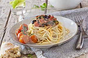 Spaghetti dish with vegetables