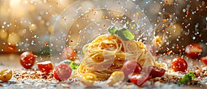 Concept Pasta Lovers, Italian Cuisine, Spaghetti Extravaganza A Symphony of Flavor in Flight photo