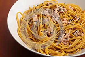 spaghetti with foie grass as gourmet italian french food