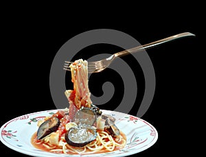 Spaghetti with fork. photo