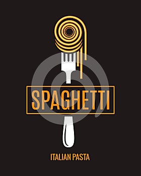 Spaghetti on fork design. Italian pasta logo on black background