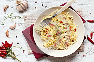 Spaghetti with garlic, olive oil and hot red pepper