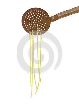 spaghetti hanging from a vintage enamel kitchen untensil, italian food,italian cuisine, isolated on white background photo