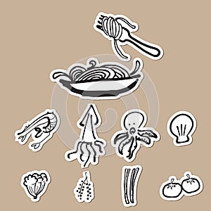 Spaghetti and ingredients cartoon drawing paper cut