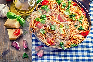 Spaghetti. Italian and Mediterranean cuisine. Spaghetti bolognese with cherry tomato and basil.