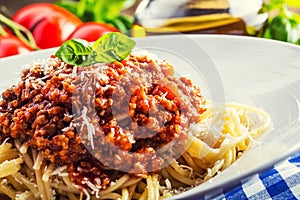 Spaghetti. Italian and Mediterranean cuisine. Spaghetti bolognese with cherry tomato and basil.