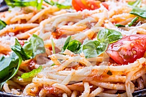 Spaghetti. Italian and Mediterranean cuisine. Spaghetti bolognese with cherry tomato and basil.
