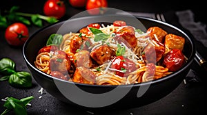 Spaghetti with meat balls in tomato sauce in a black bowl on a dark slate. Generative Ai