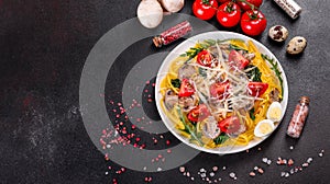 Spaghetti with mushrooms, cheese, spinach, rukkola and cherry tomatoes