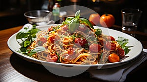 Spaghetti with mushrooms and tomatoes