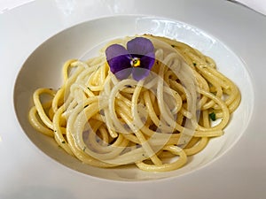 Spaghetti with new garlic, olive oil from the hills and chilli. Italian cuisine