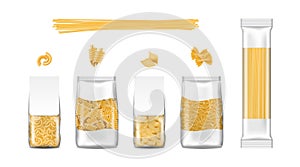 Spaghetti packaging. Noodle bag. Pasta packages. 3D food pack. Wheat product. Macaroni or vermicelli mockup. Italian