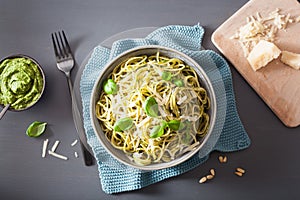 Spaghetti pasta with avocado basil pesto sauce