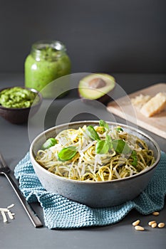 Spaghetti pasta with avocado basil pesto sauce