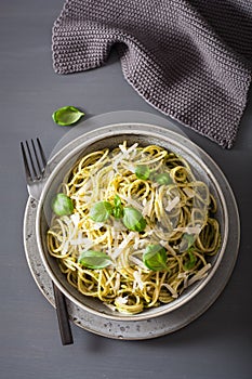 Spaghetti pasta with avocado basil pesto sauce