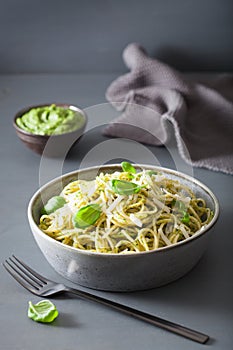Spaghetti pasta with avocado basil pesto sauce