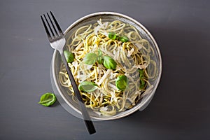 Spaghetti pasta with avocado basil pesto sauce