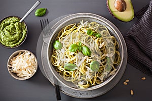 Spaghetti pasta with avocado basil pesto sauce