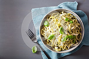 Spaghetti pasta with avocado basil pesto sauce