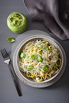 Spaghetti pasta with avocado basil pesto sauce