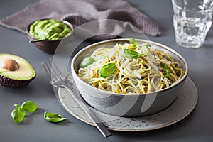 Spaghetti pasta with avocado basil pesto sauce