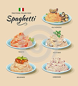 Spaghetti or pasta dishes vector set in cartoon