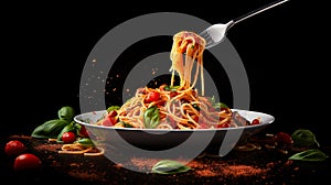Spaghetti pasta with fork in plate. Generative AI