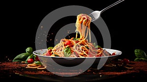 Spaghetti pasta with fork in plate. Generative AI