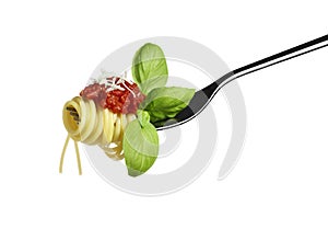 Spaghetti pasta fork with tomato basil Parmesan on white background