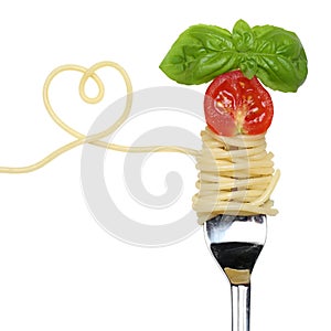 Spaghetti pasta meal with heart on a fork love topic