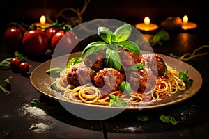 Spaghetti pasta with meatballs and basil with candle lights and tomatoes on rustic wooden table. Traditional food concept