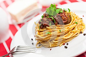 Spaghetti pasta with Meatballs, close-up view on