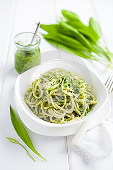 Spaghetti pasta with ramson (wild garlic) pesto