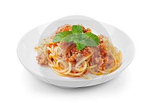 spaghetti pasta with tomato beef sauce in plate on white background