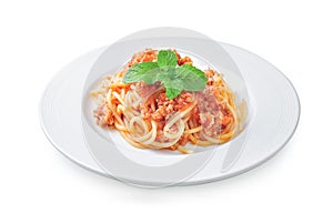 Spaghetti pasta with tomato beef sauce on white plate